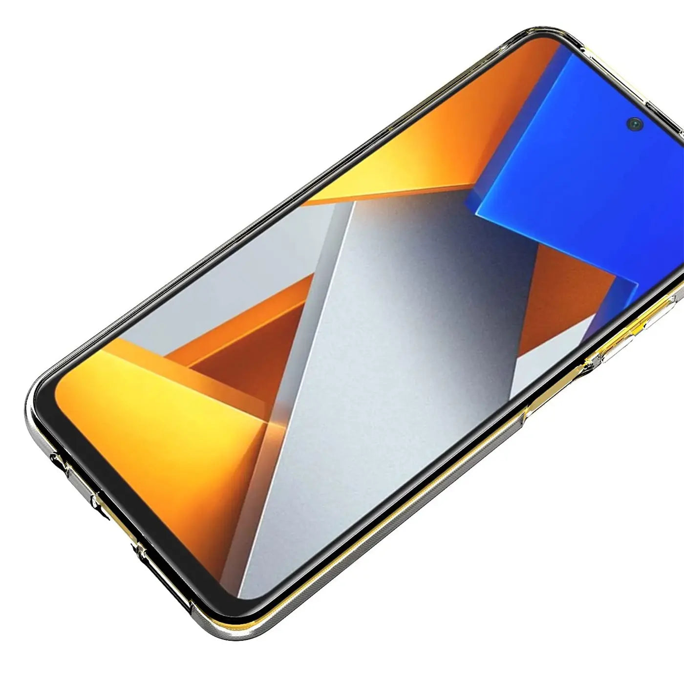Xiaomi Poco M4 Pro in transparentem Slim Case, von oben rechts, mit gelbem Rand.