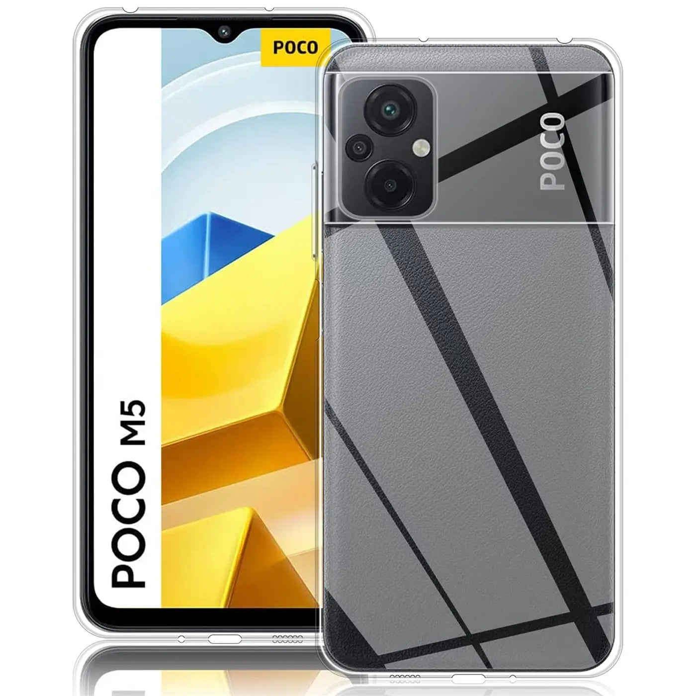 Klar, hier ist der ALT-Text:

Klar, transparentes Handycase mit grauem Muster und schwarzem Schriftzug "POCO" auf einem.