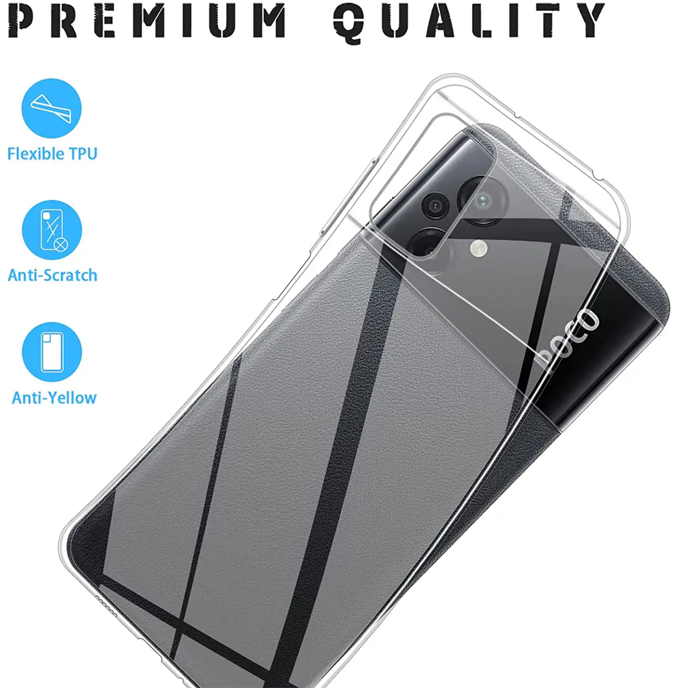 Klar TPU Hülle über Xiaomi Poco M5, Draufsicht.