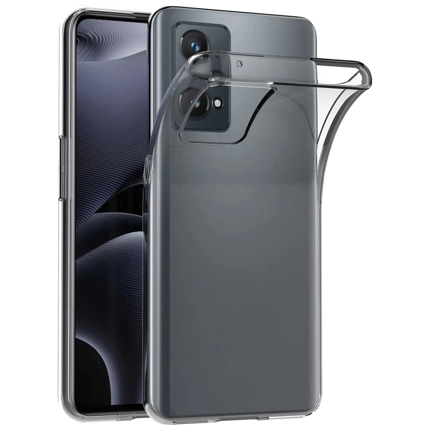Transparente Hülle aus TPU über einem grauen Xiaomi Poco X4 GT, Rückansicht.