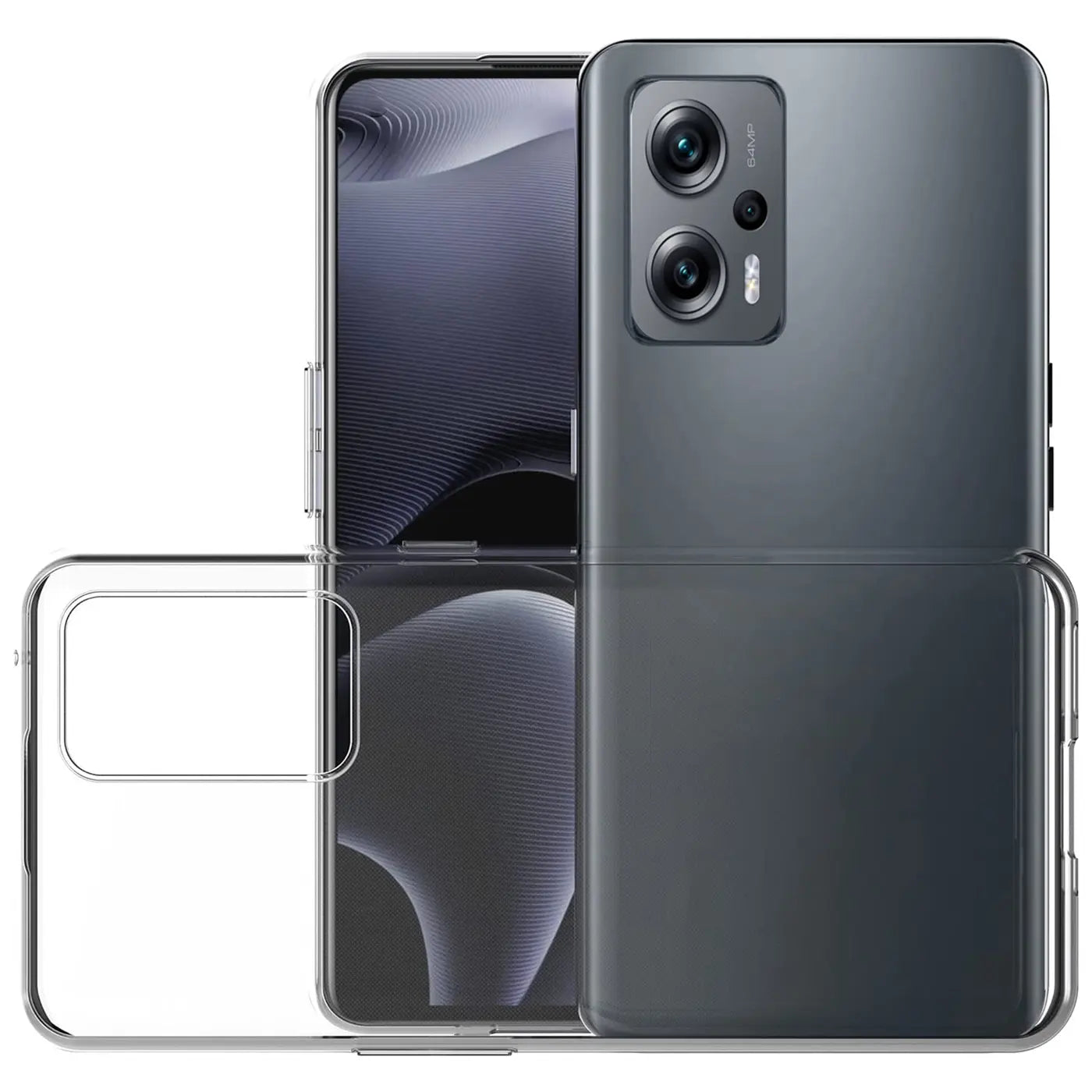 Klarhülle aus TPU für Xiaomi Poco X4 GT, von vorne und hinten gezeigt.