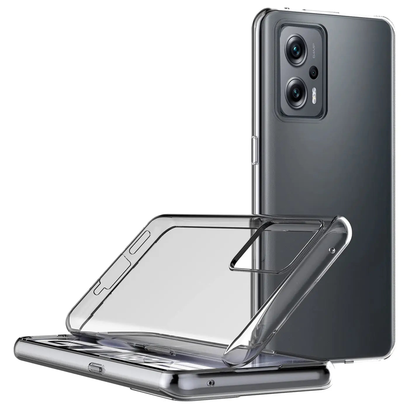 Klares, flexibles Handyhülle aus TPU, liegt auf einem grauen Xiaomi Poco X4 GT.