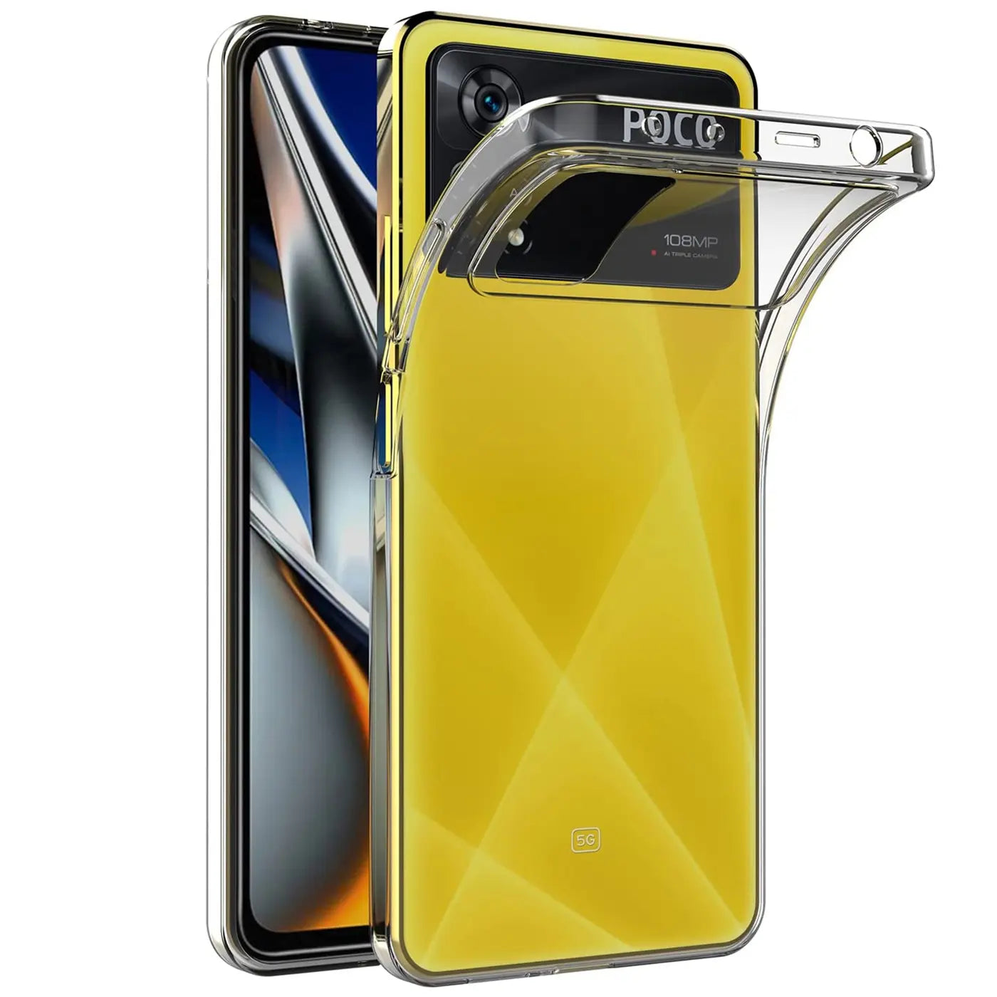 Klares Handyhülle aus Silikon, gelbes Xiaomi Poco X4 Pro 5G, von hinten gesehen.