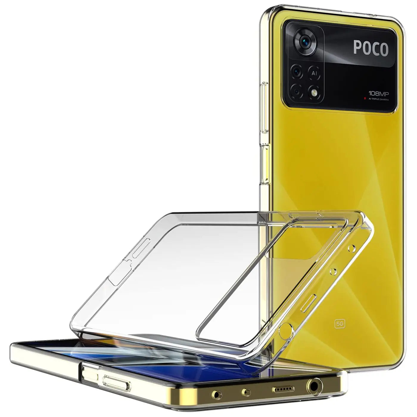 Gelbes Xiaomi Poco X4 Pro 5G mit transparentem Silikon-Case, von vorne.