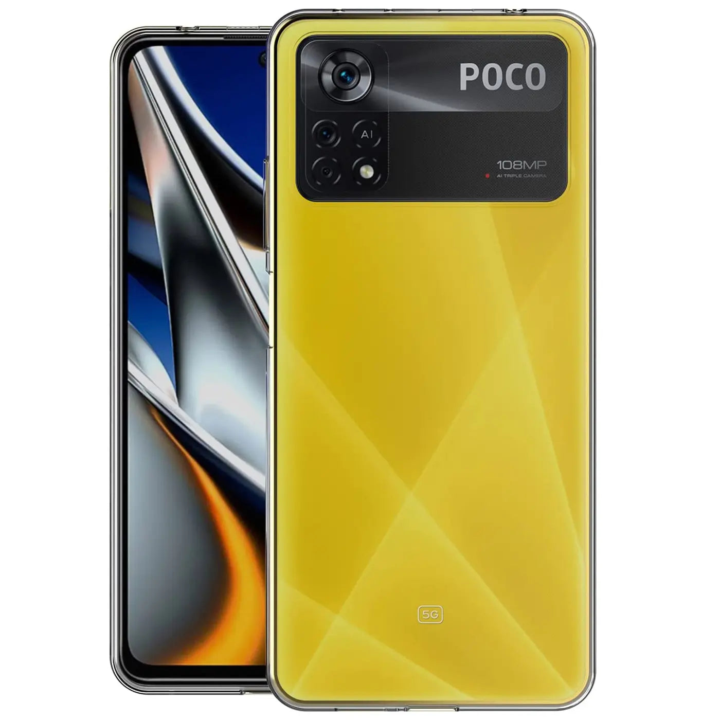 Gelbes Xiaomi Poco X4 Pro 5G mit transparentem Slim Case, Rückansicht.