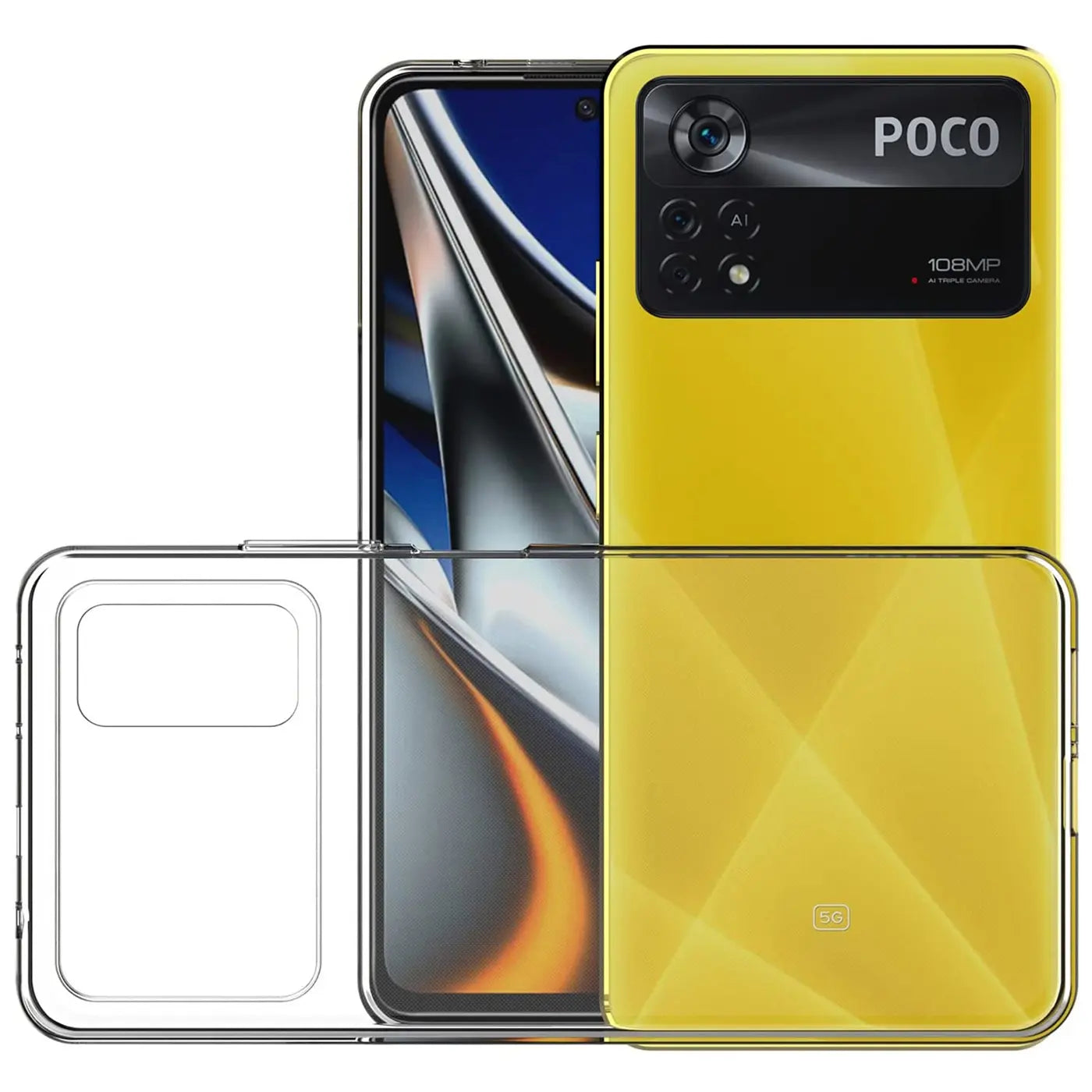 Klares Handyhülle aus Kunststoff, Vorder- und Rückansicht, Xiaomi Poco X4 Pro 5G gelb.