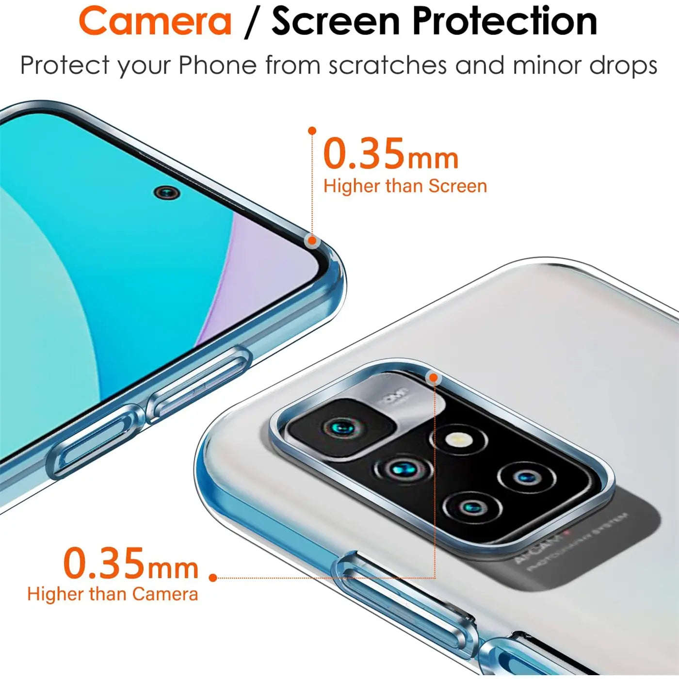 Transparente Hülle aus Kunststoff, Nahaufnahme, zeigt Schutz des Xiaomi Redmi 10 Displays und der Kamera.