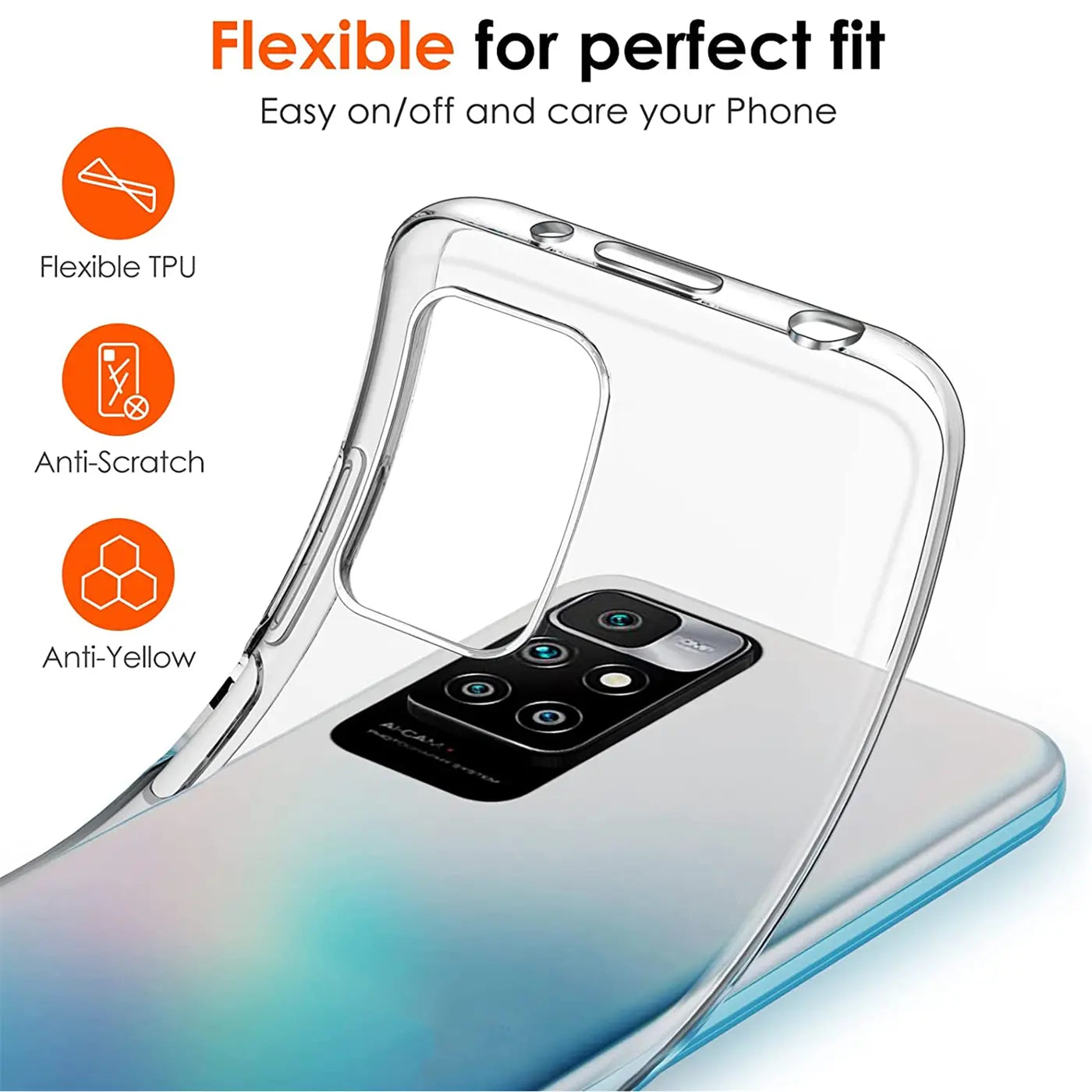 Klares TPU-Case über Xiaomi Redmi 10, Nahaufnahme, von oben.