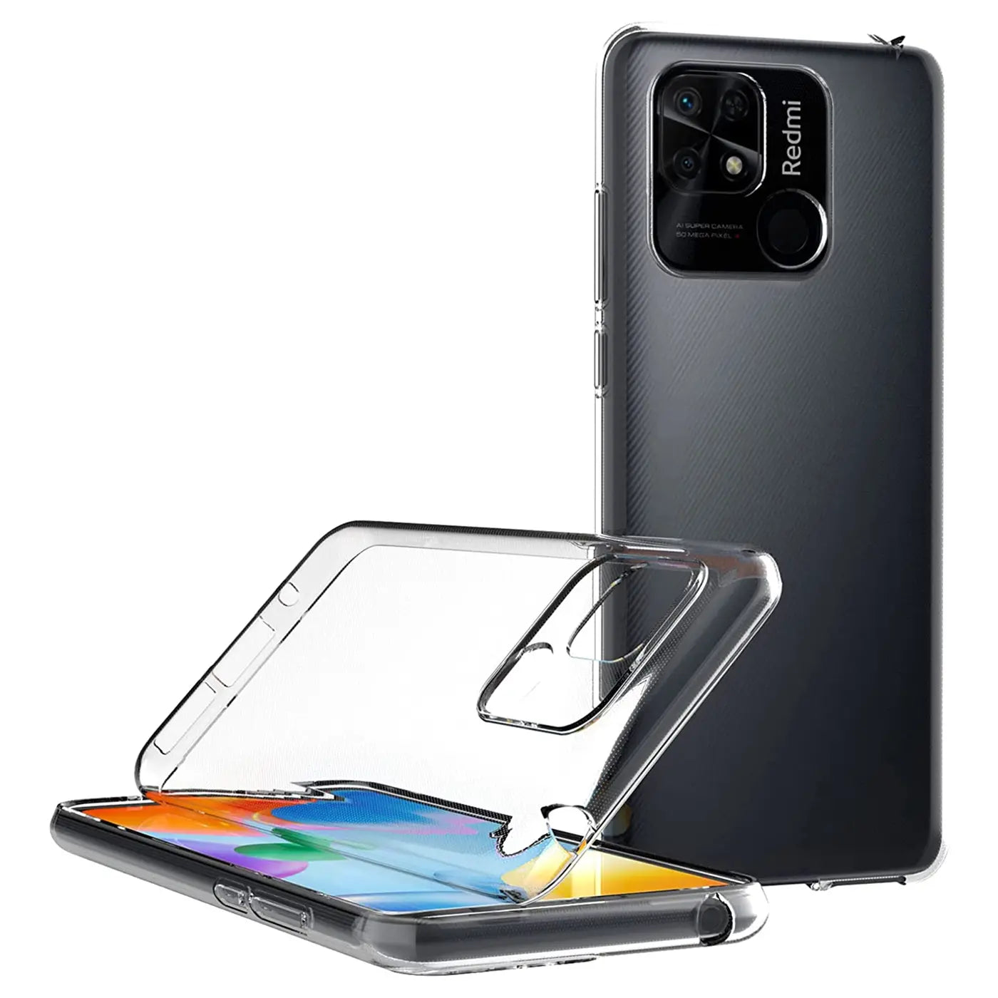 Klar, transparentes Handycase aus TPU, Vorder- und Rückansicht, Xiaomi Redmi 10C.