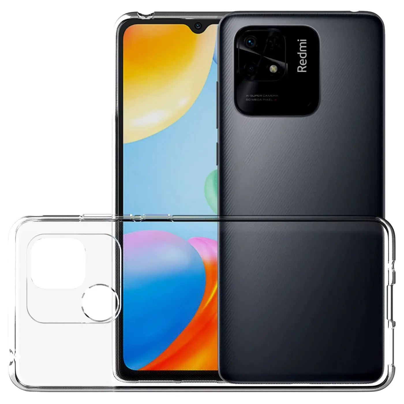 Klar, durchsichtiges Handyhülle aus TPU, Vorder- und Rückansicht, Xiaomi Redmi 10C.