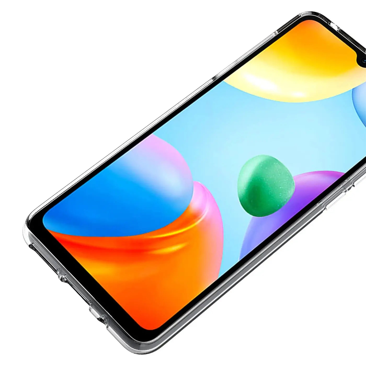 Klares, schlankes Handycase aus Kunststoff, das ein Xiaomi Redmi 10C von schräg oben zeigt.