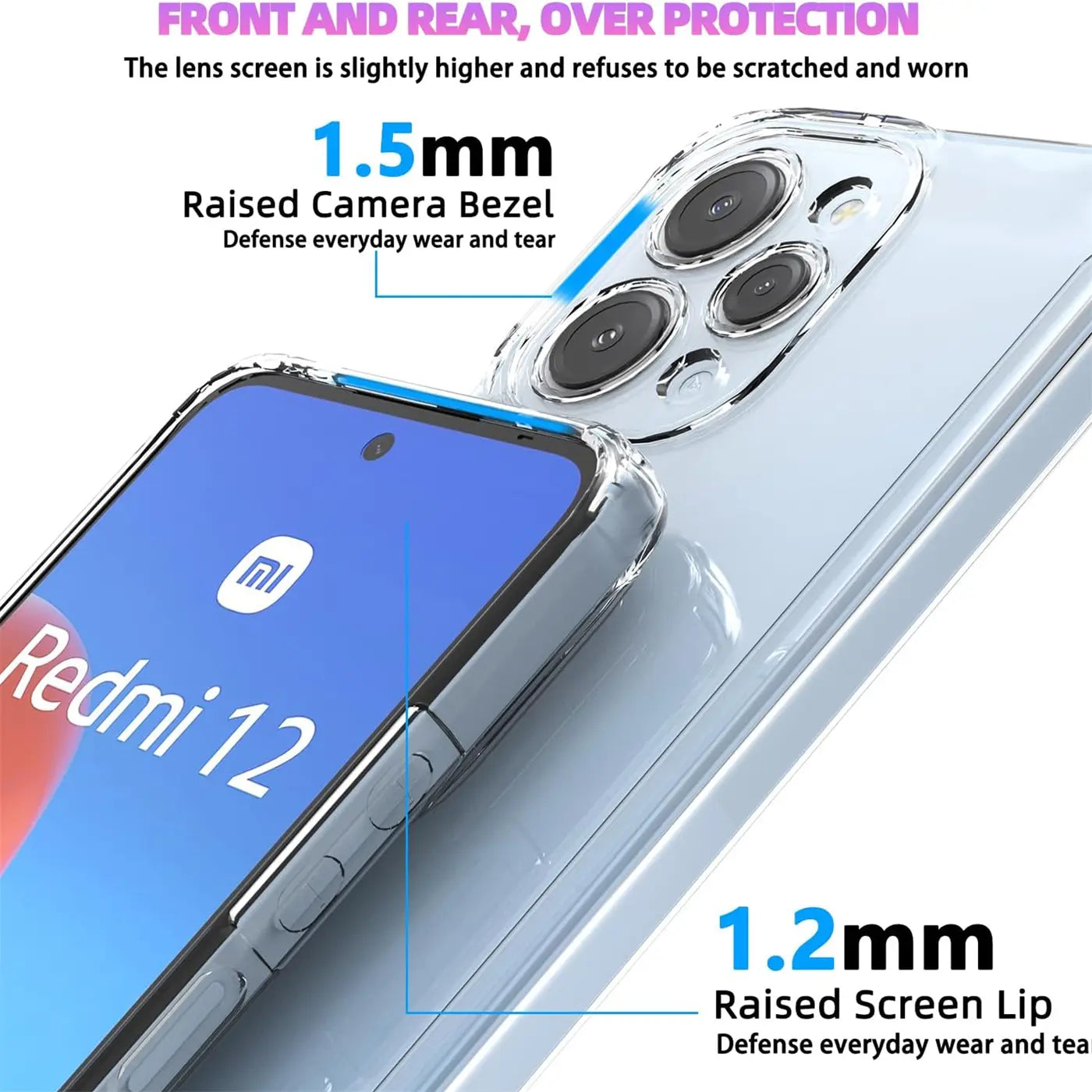 Klares Handyhülle aus Kunststoff, zeigt Xiaomi Redmi 12, Nahaufnahme, Seitenansicht.