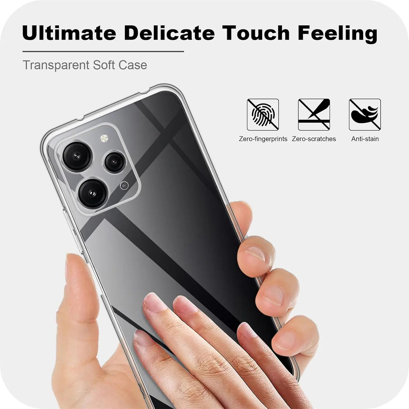 Transparente Hülle aus Silikon, von vorne, hält ein Smartphone mit drei Kameras.