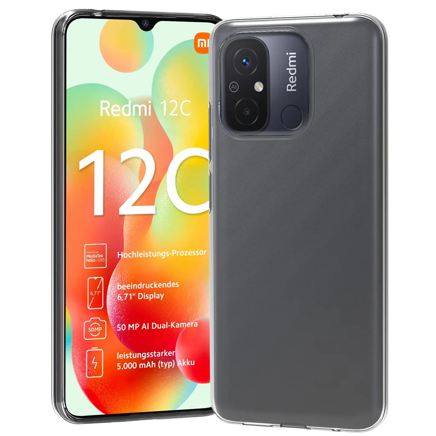 Graue, transparente Hülle aus Kunststoff, von vorne/leicht schräg, zeigt Xiaomi Redmi 12C.