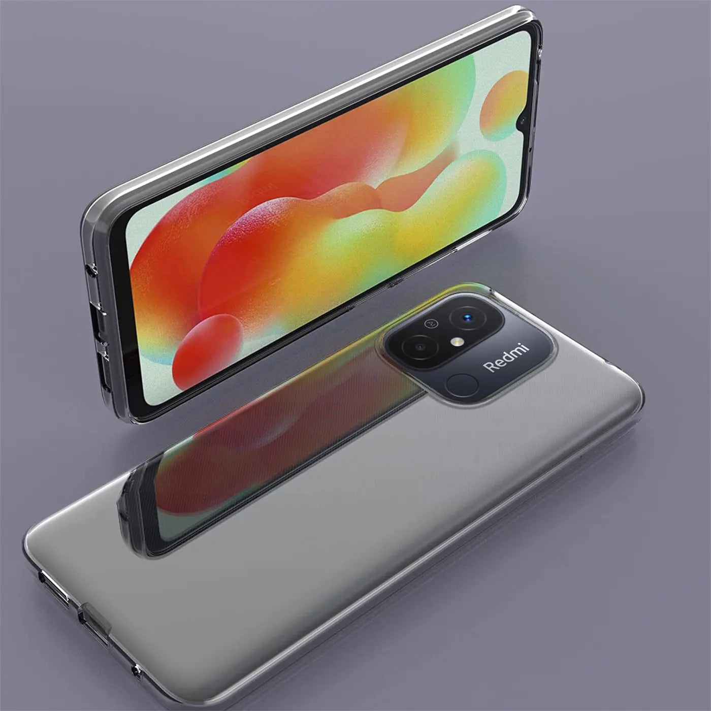 Klares, flexibles Handyhülle, transparent, von oben/schräg, zeigt Xiaomi Redmi 12C.