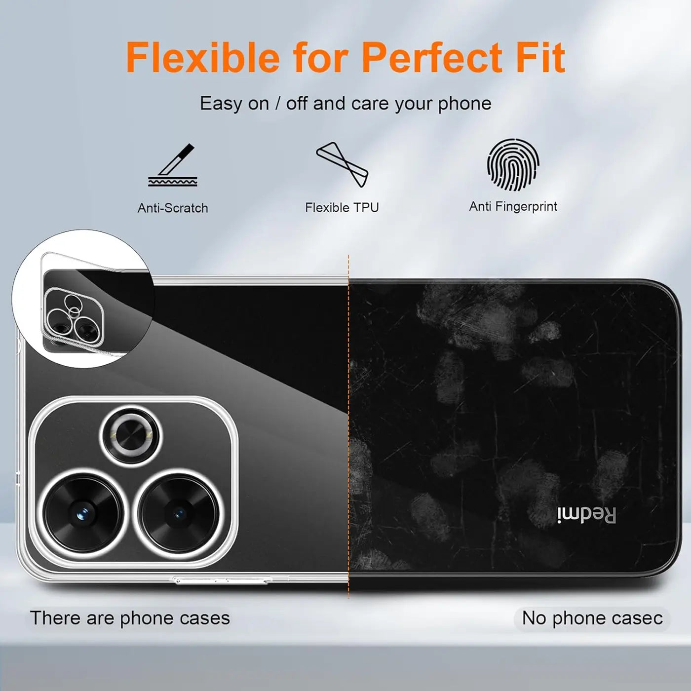 Klarhülle aus TPU für Xiaomi Redmi 13, Rückansicht, zeigt Kamera und Fingerabdrücke.