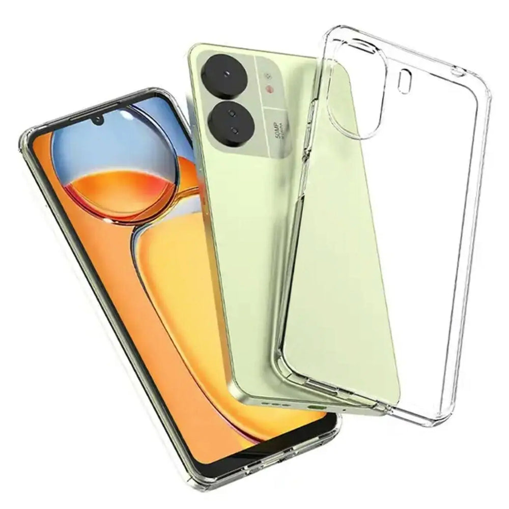 Klar, transparentes Handyhülle aus TPU liegt auf einem hellgrünen Xiaomi Redmi 13C.