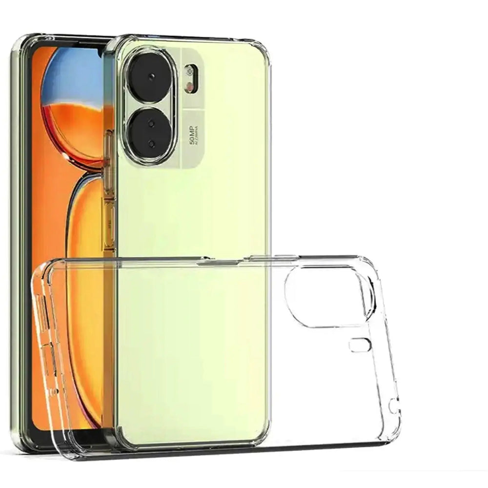 Klar, transparentes Silikon-Case liegt auf einem gelben Xiaomi Redmi 13C.
