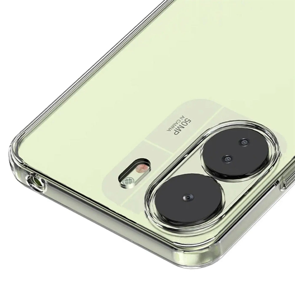 Klar, transparentes Silikon-Case auf Xiaomi Redmi 13C, Nahaufnahme Rückseite.