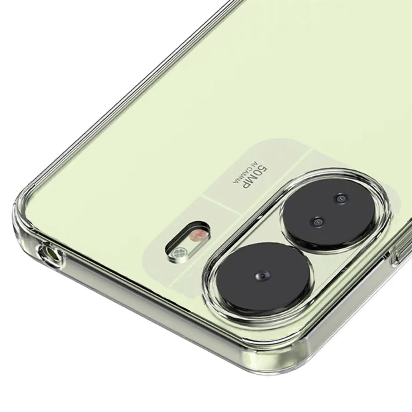 Klar, transparentes Silikon-Case auf Xiaomi Redmi 13C, Nahaufnahme Rückseite.