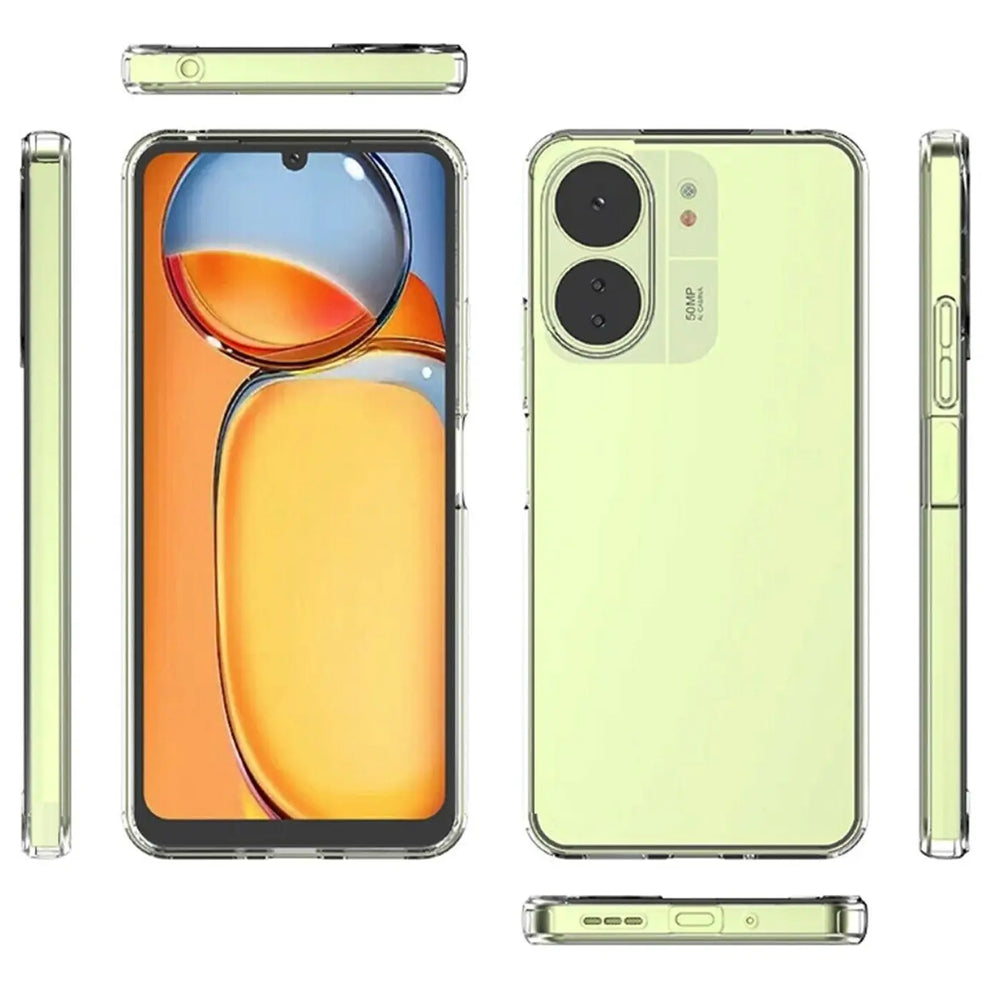 Klares, dünnes Handyhülle aus Kunststoff, zeigt Vorder-, Rück- und Seitenansichten eines gelben Xiaomi Redmi 13C.