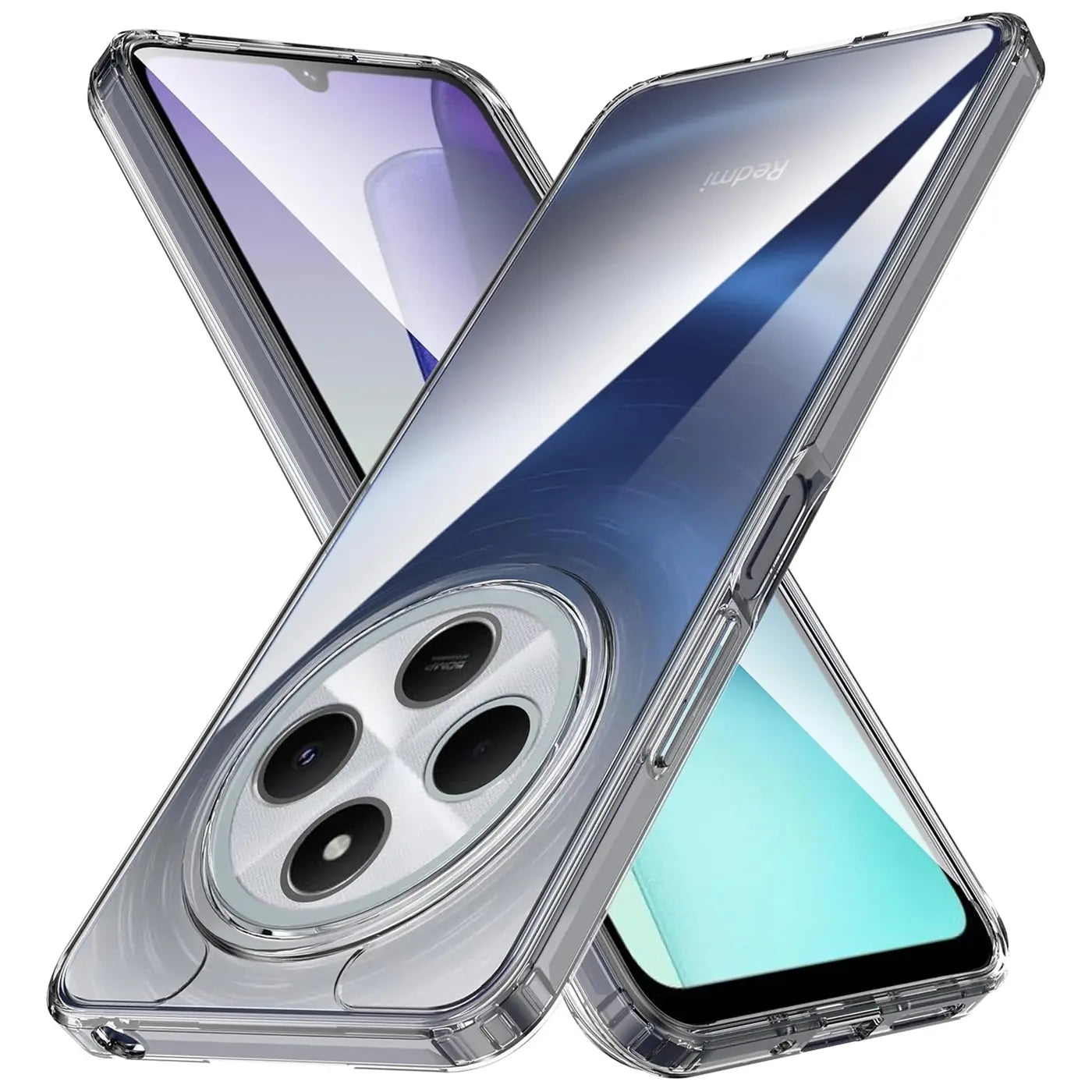 Transparente Hülle aus Kunststoff, schräg von vorne, zeigt zwei Xiaomi Redmi 14C.
