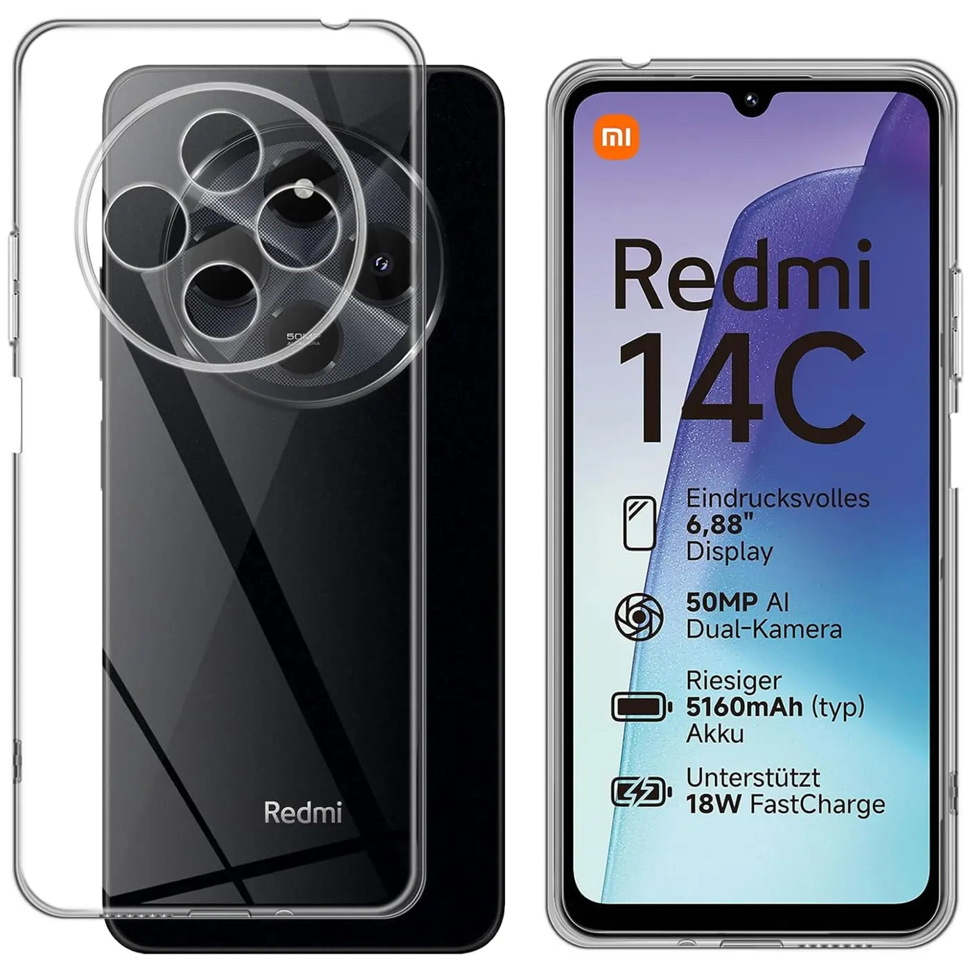 Klar transparente Handyhülle aus Kunststoff, Rückansicht und Vorderansicht, Xiaomi Redmi 14C.