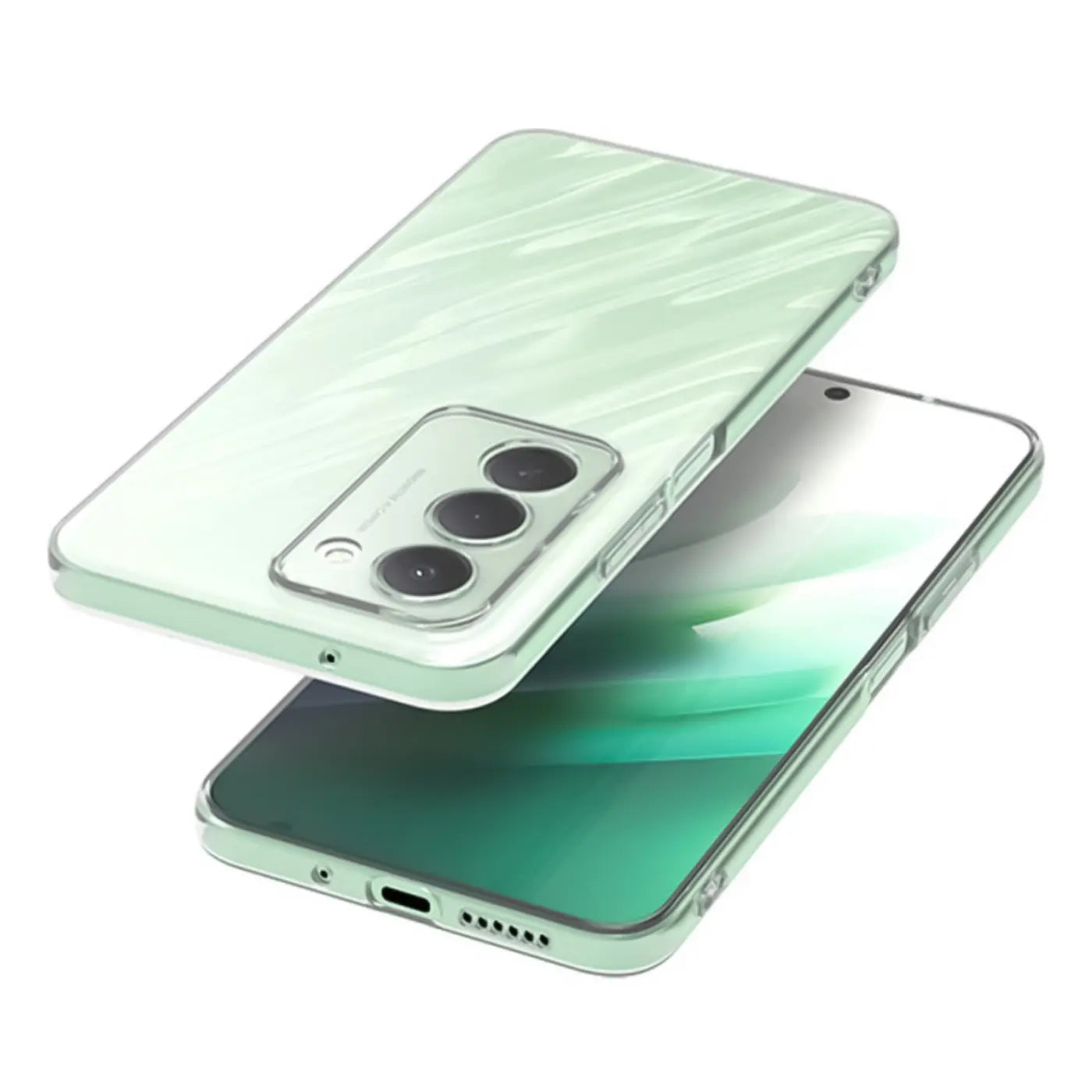 Grüne Marmor-Muster-Hülle aus transparentem TPU auf Xiaomi 13 Lite, von oben/seitlich.