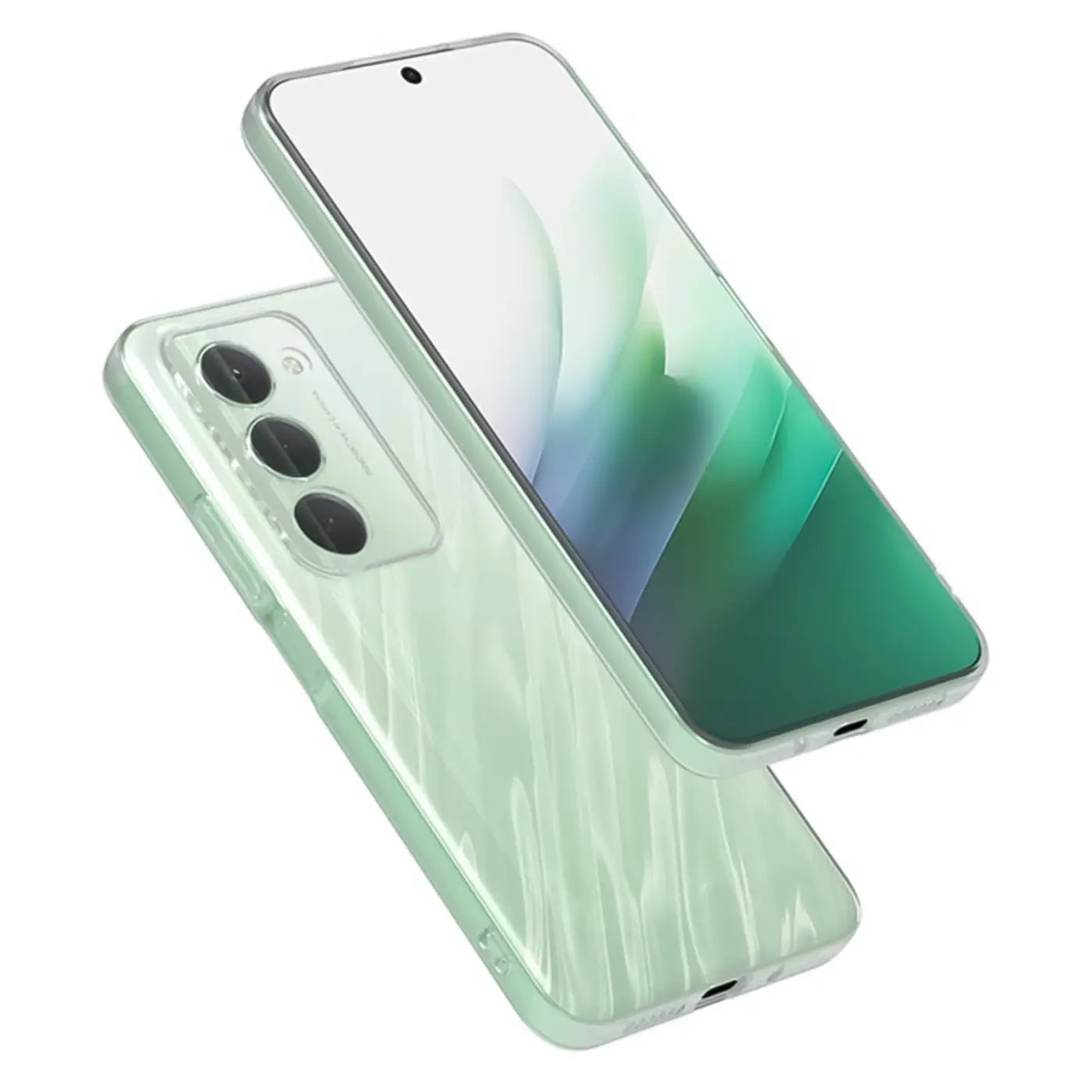 Grünes, transparentes Handy-Case mit Marmor-Muster, von schräg oben, zeigt Xiaomi Redmi 15.
