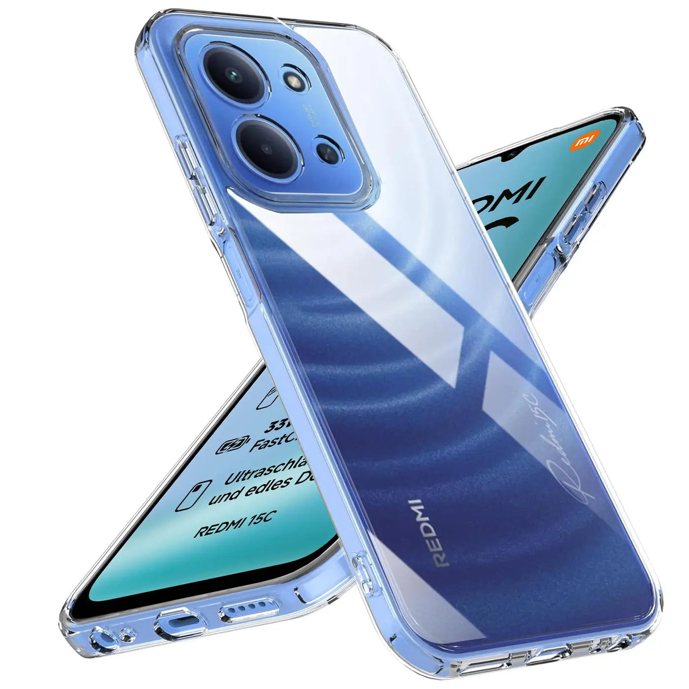 Klares, blaues Handycase aus Kunststoff, von schräg oben, zeigt Xiaomi Redmi 15C.