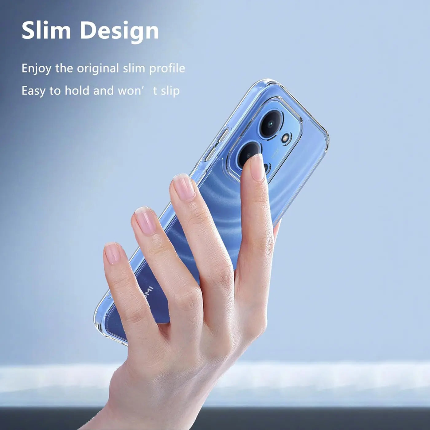 Transparente Hülle aus Kunststoff, die ein Xiaomi Redmi 15C zeigt, von oben rechts.