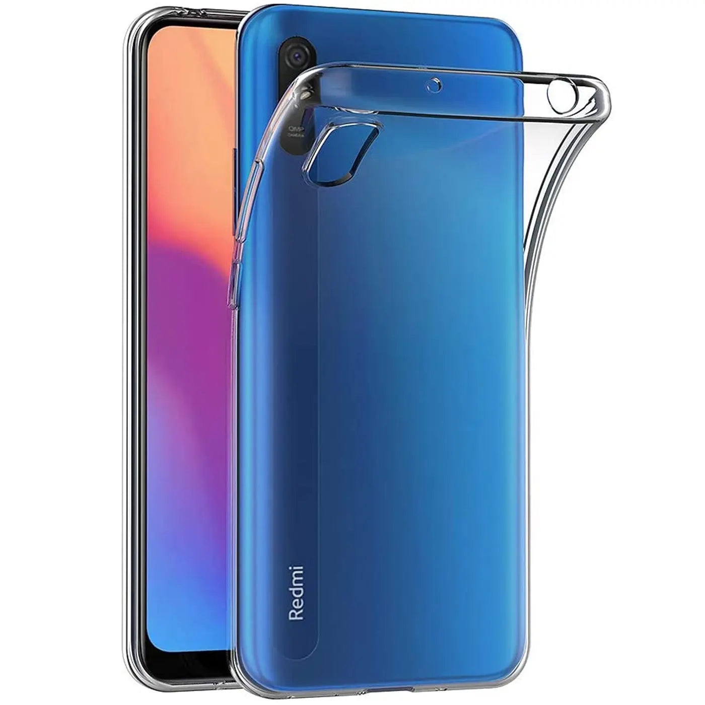 Klar, durchsichtiges TPU-Case über blauem Xiaomi Redmi 9A, Rückansicht.