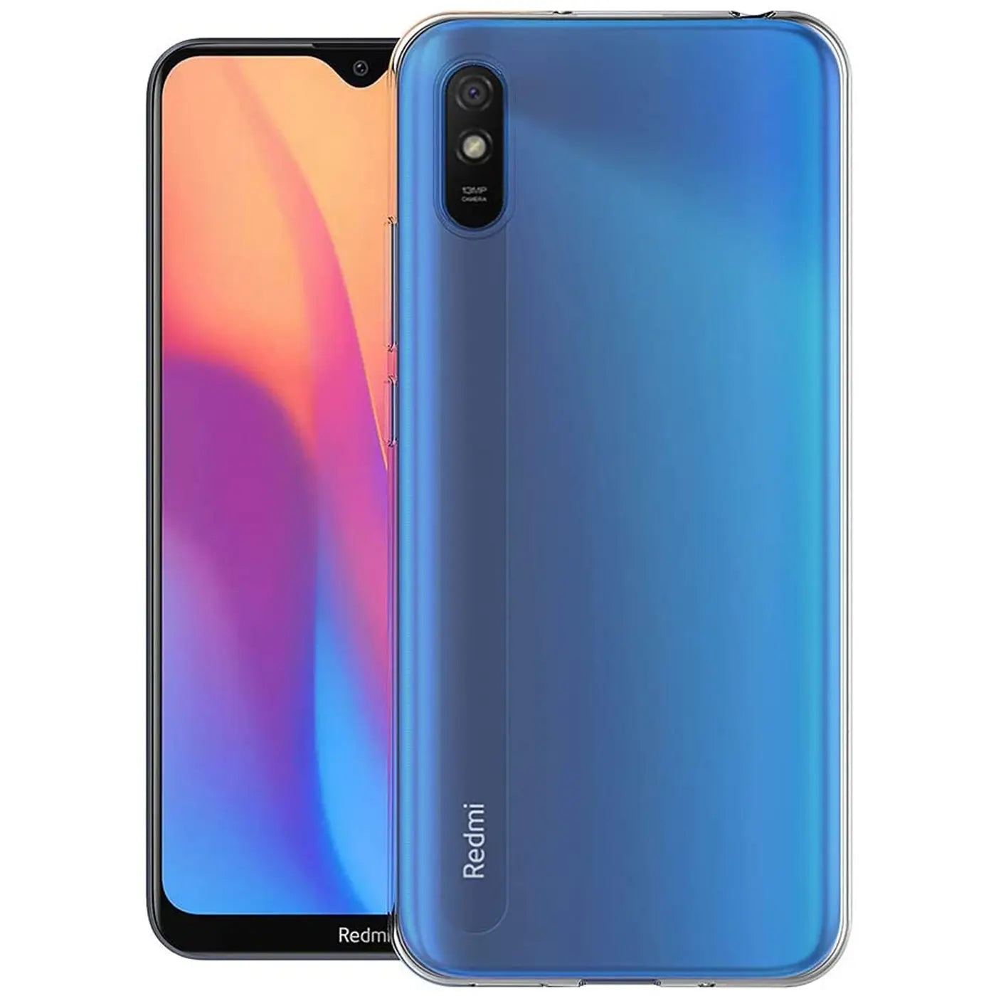 Blaues Xiaomi Redmi 9A mit transparentem Slim Case, Rückansicht, Nahaufnahme