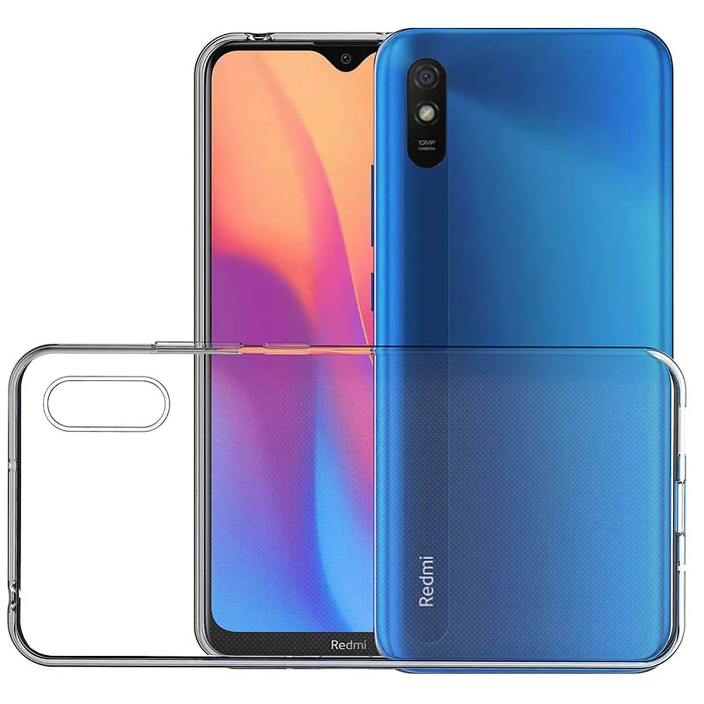 Klar, transparentes Handycase aus TPU, vorne und hinten auf blauem Xiaomi Redmi 9A liegend.