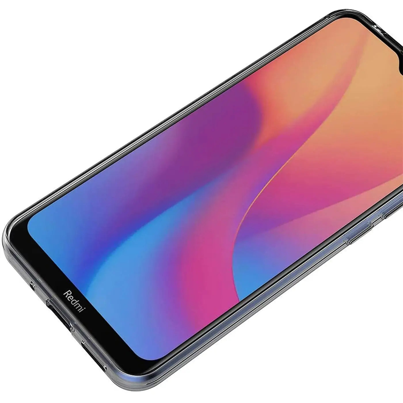 Klar transparentes Handy-Case aus TPU umhüllt ein Xiaomi Redmi 9A, von oben links gesehen.