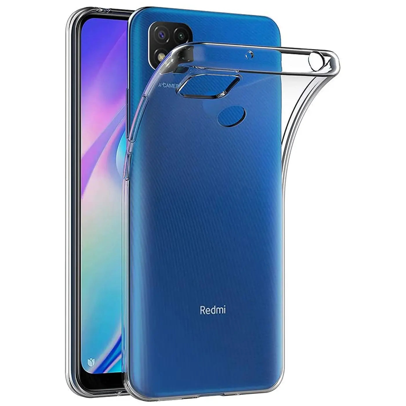 Klar, transparentes Silikon-Case auf blauem Xiaomi Redmi 9C, Rückansicht.