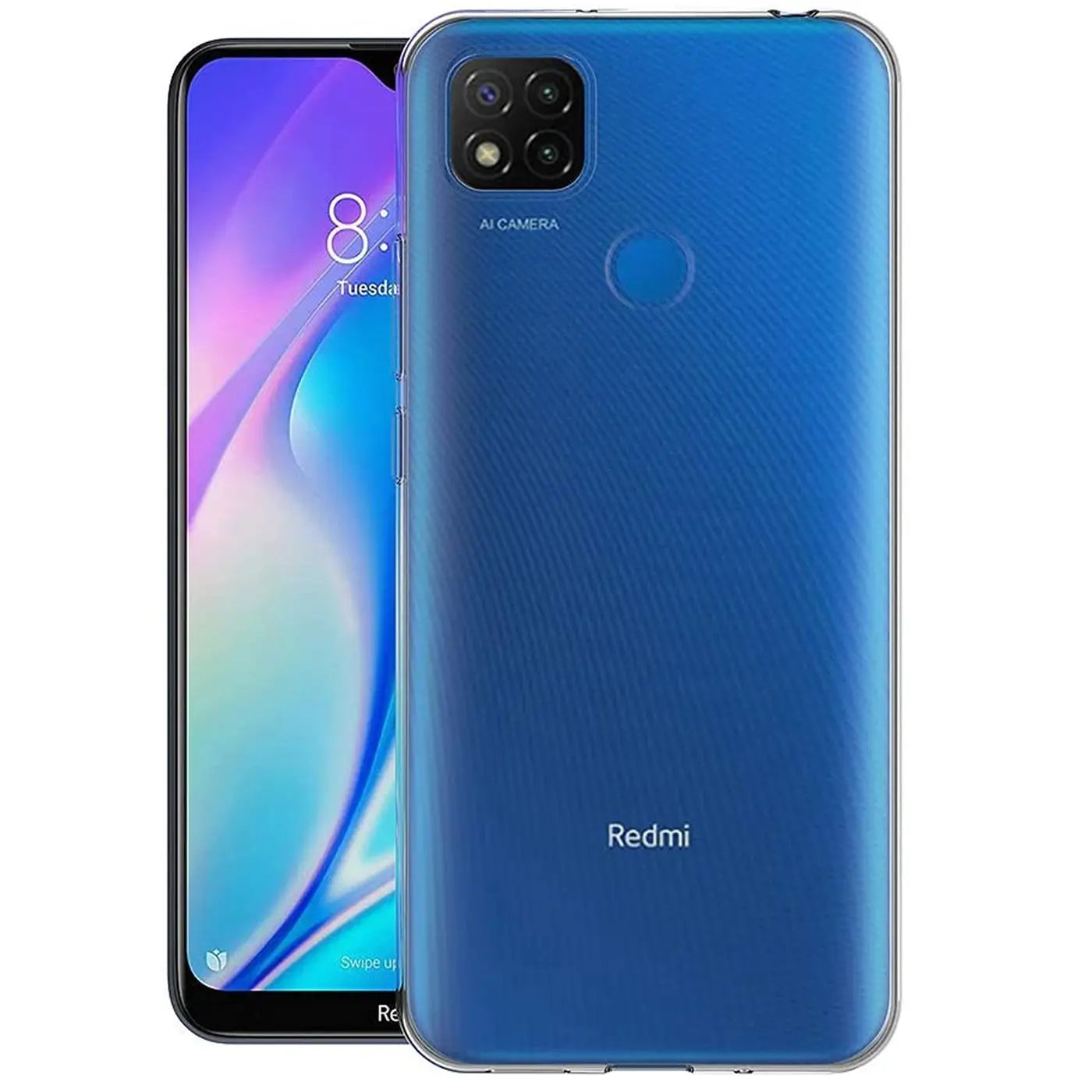 Blaues, transparentes Handy-Case mit Fingerabdrucksensor und Kamera-Aussparung, Vorder- und Rückansicht.