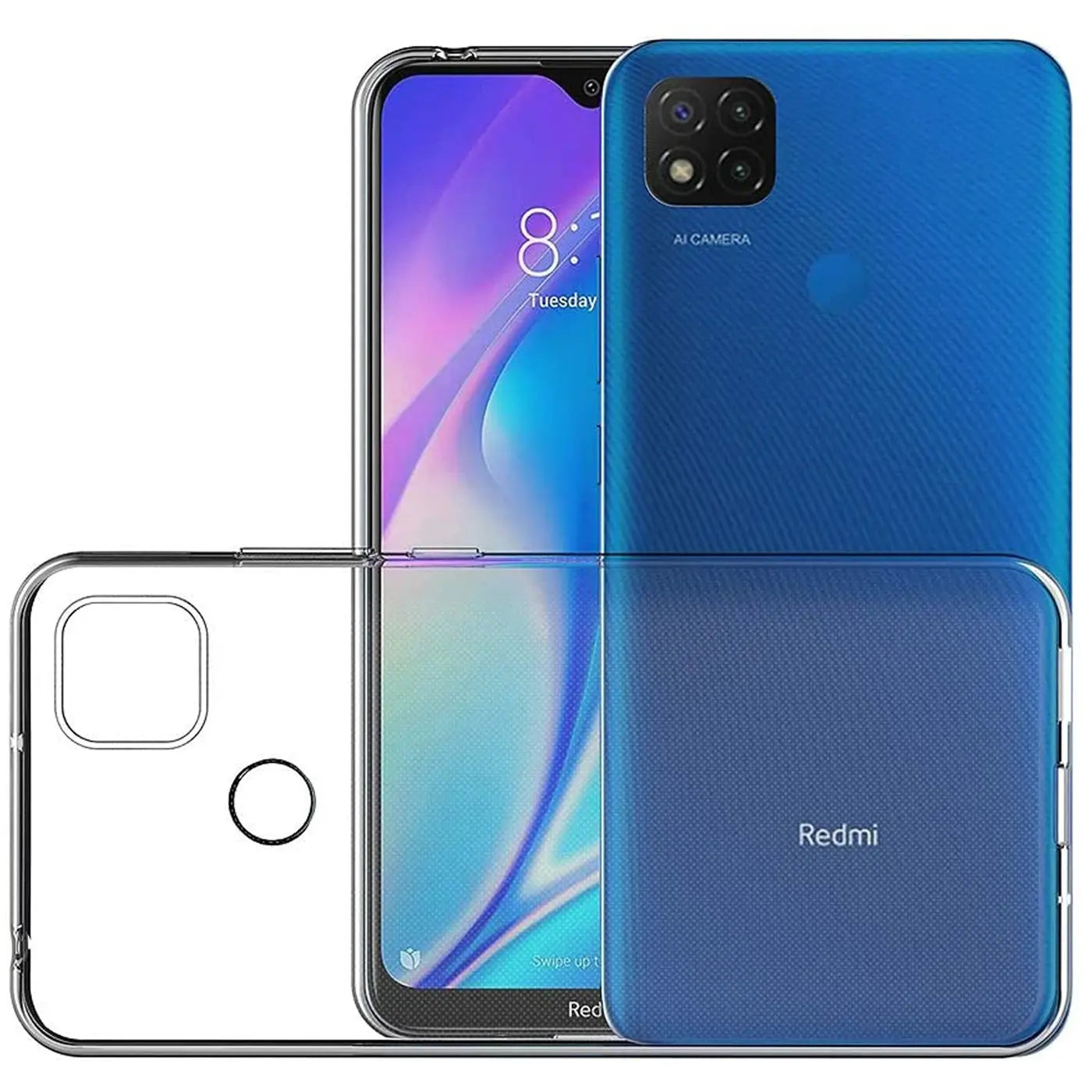Klares Silikon-Case mit blauem Xiaomi Redmi 9C, Vorder- und Rückansicht.