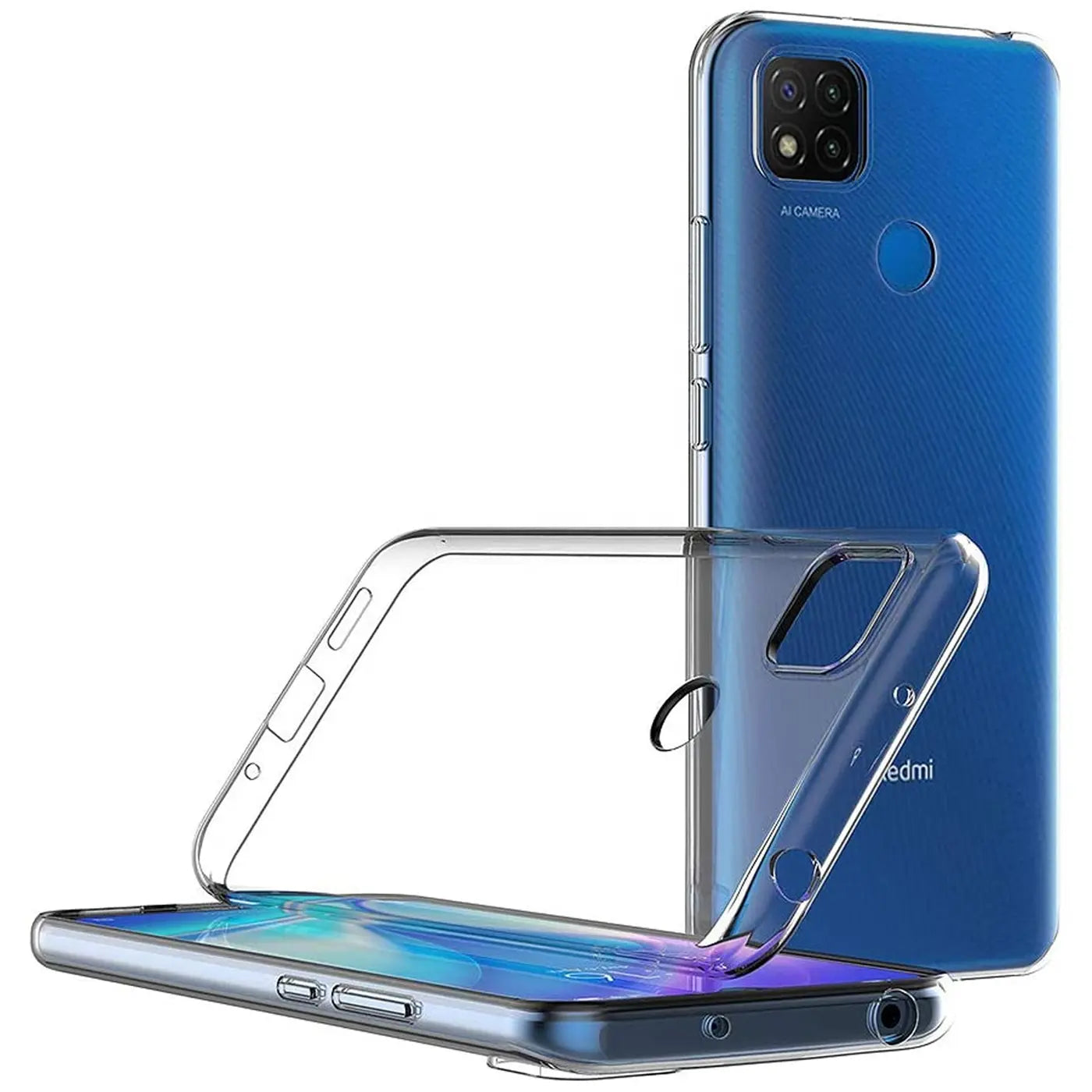 Klarhülle aus Silikon, schräg von vorne, auf blauem Xiaomi Redmi 9C liegend.