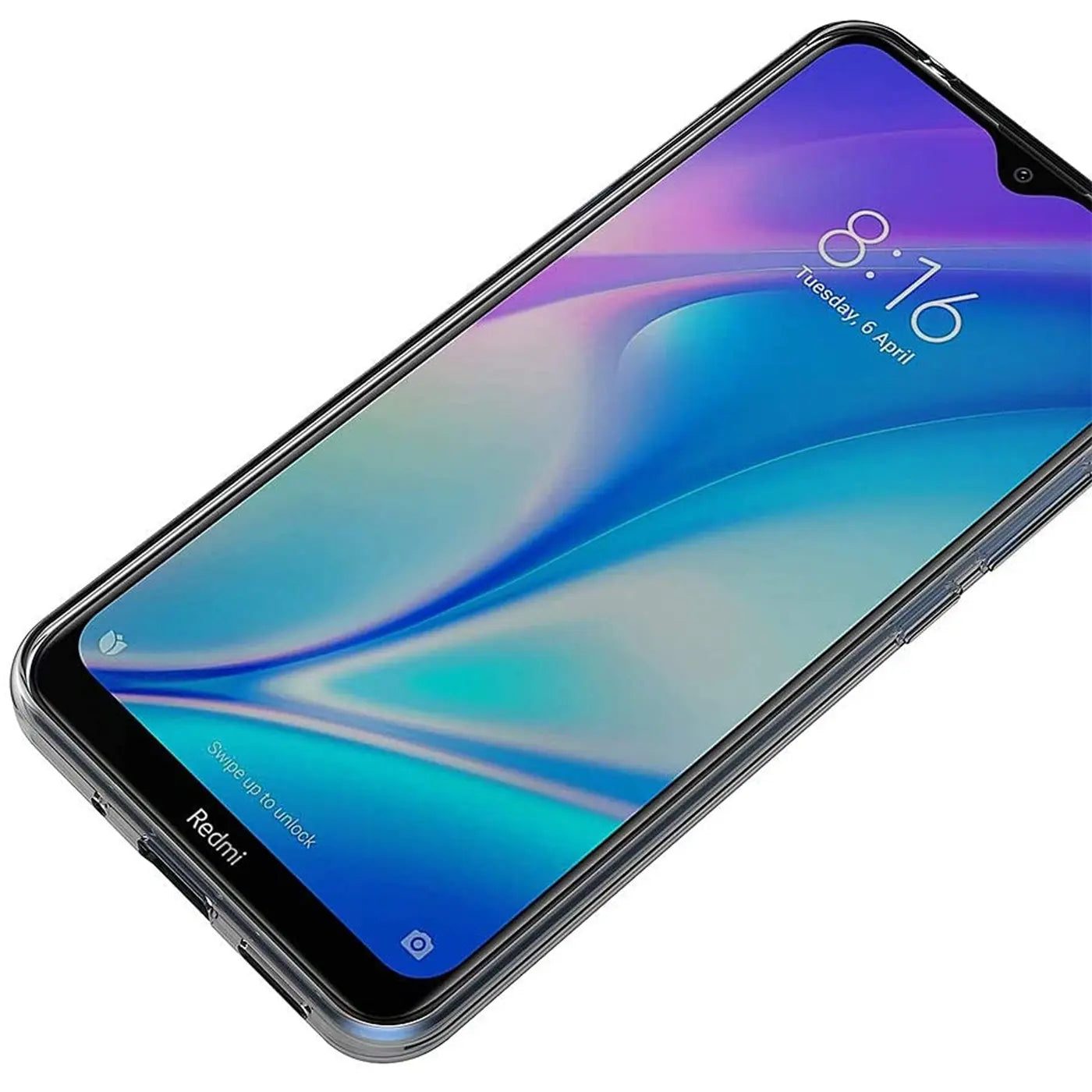 Xiaomi Redmi 9C in transparentem Silikon-Case, von oben links fotografiert.