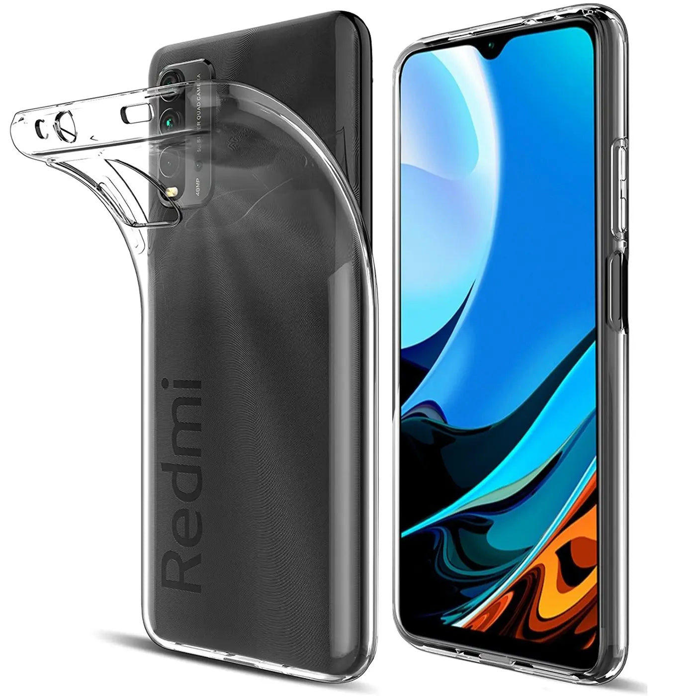 Klar, transparentes Silikon-Case auf einem Xiaomi Redmi 9T, Seitenansicht.
