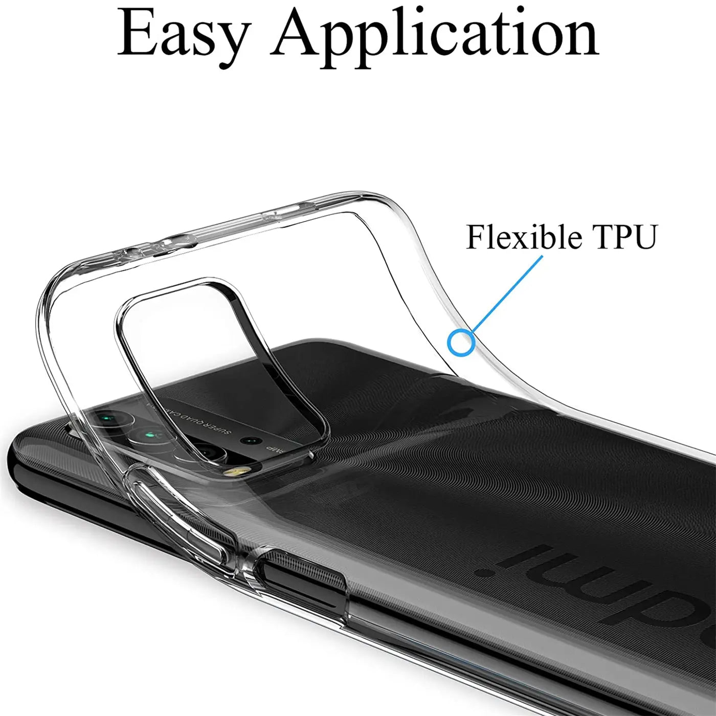 Klar, transparentes TPU-Case auf schwarzem Xiaomi Redmi 9T, von oben links, Nahaufnahme.