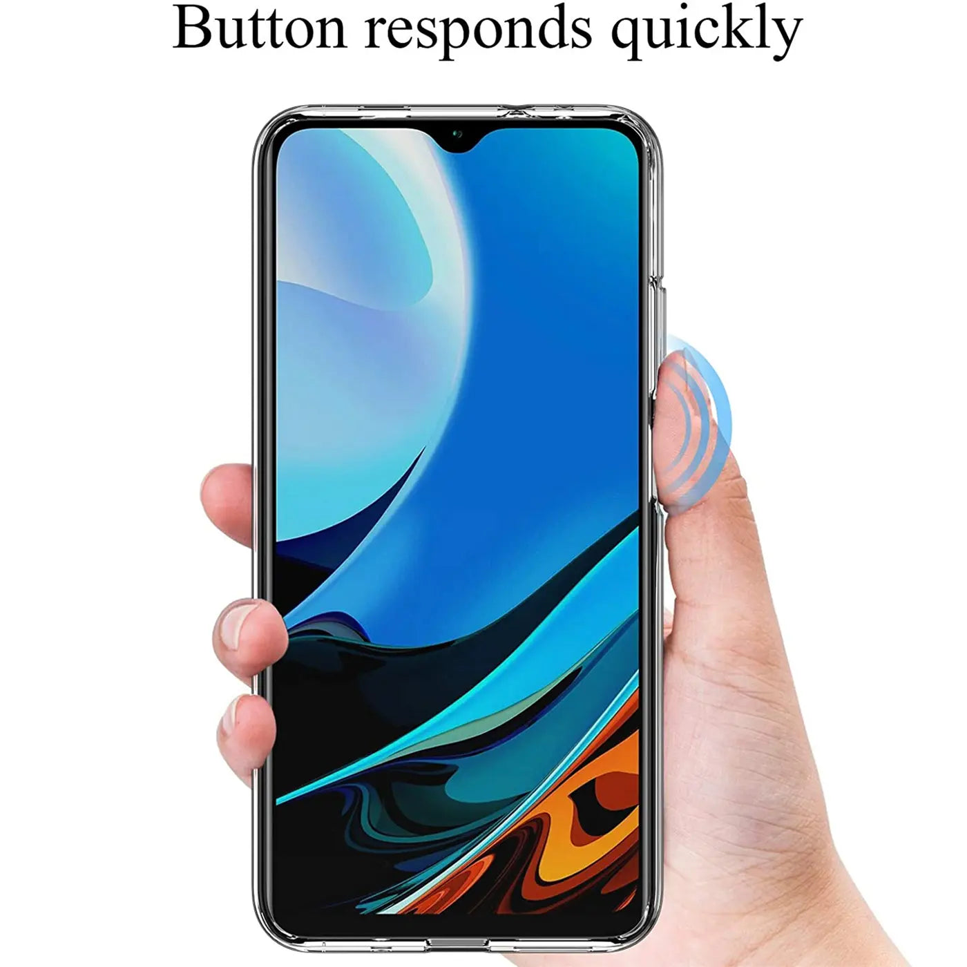 Hand drückt auf transparentes Xiaomi Redmi 9T Hülle, Nahaufnahme, seitliche Ansicht.
