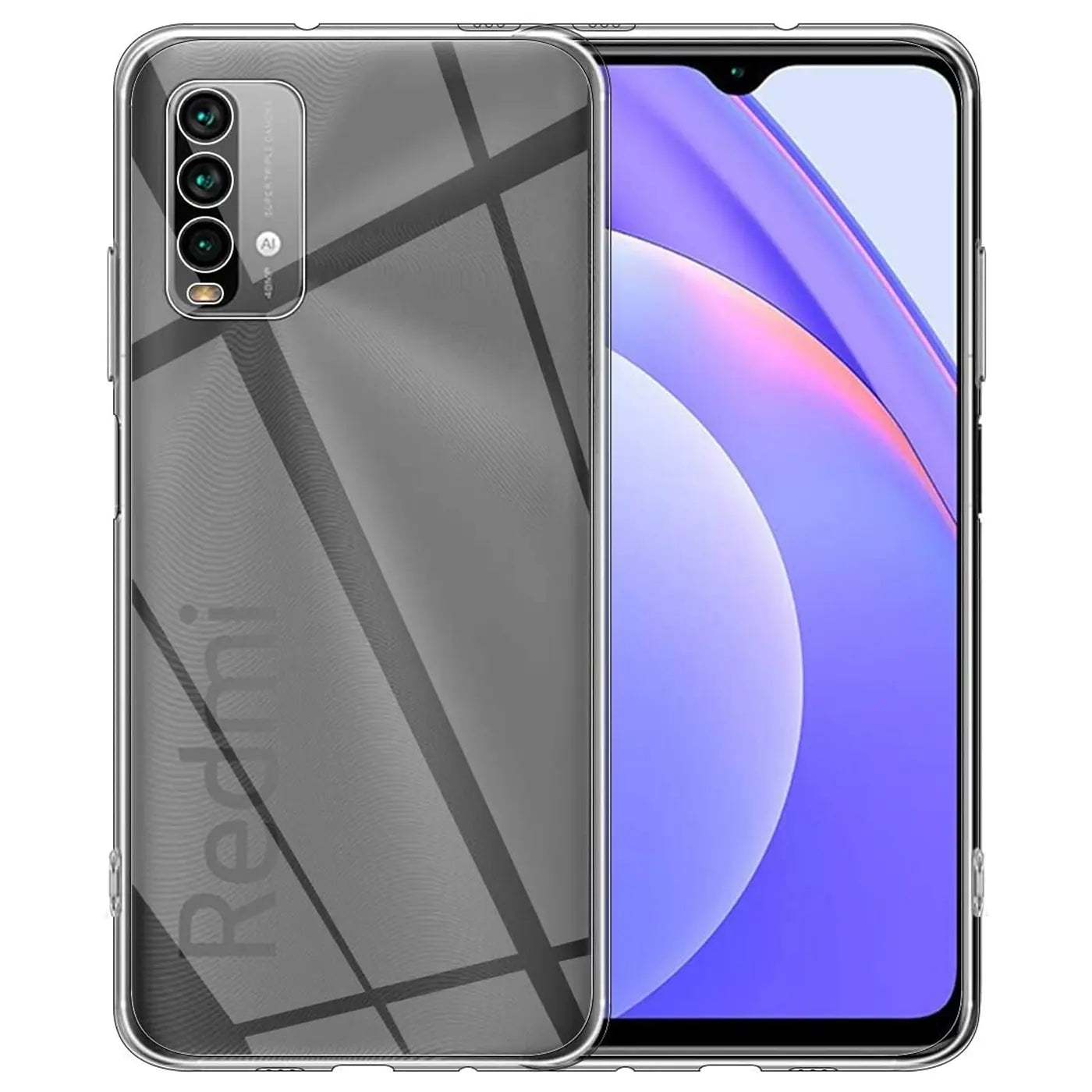 Klar, transparentes Handyhülle mit Muster auf Xiaomi Redmi 9T, von vorne gesehen.