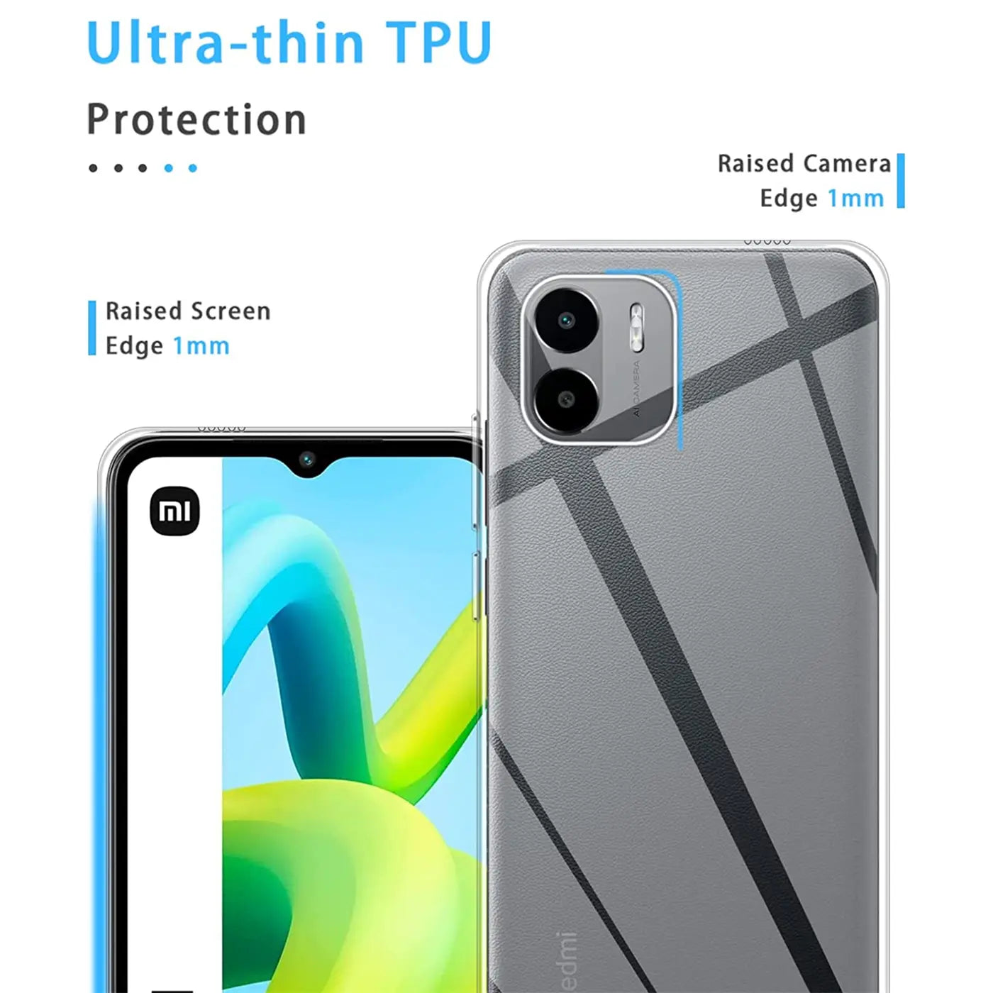 Klares TPU-Case auf Xiaomi Redmi A1, Rückseite mit Linienmuster, Vorderseite links.