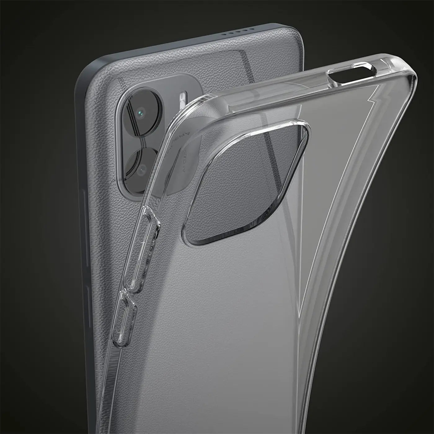 Klar, transparentes Silikon-Case wird auf ein Xiaomi Redmi A1 gelegt. Seitenansicht.