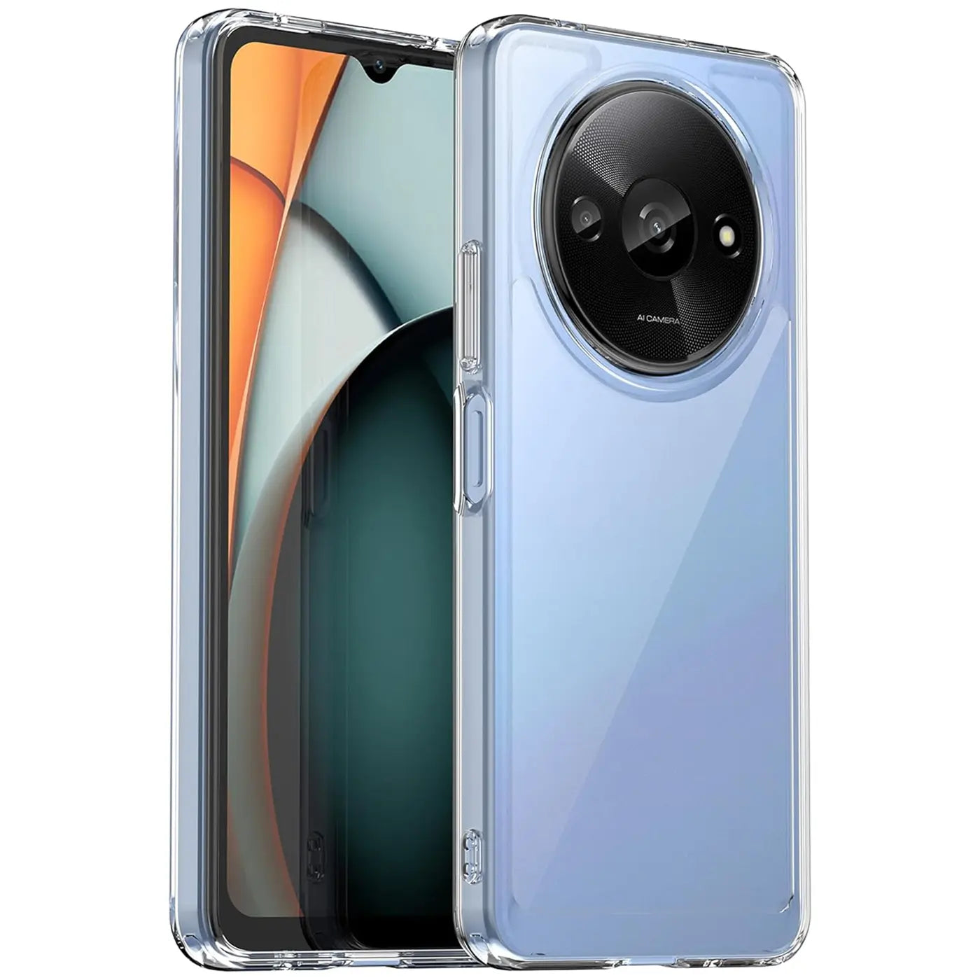Klares, transparentes TPU-Case auf einem blauen Xiaomi Redmi A3, Seitenansicht.