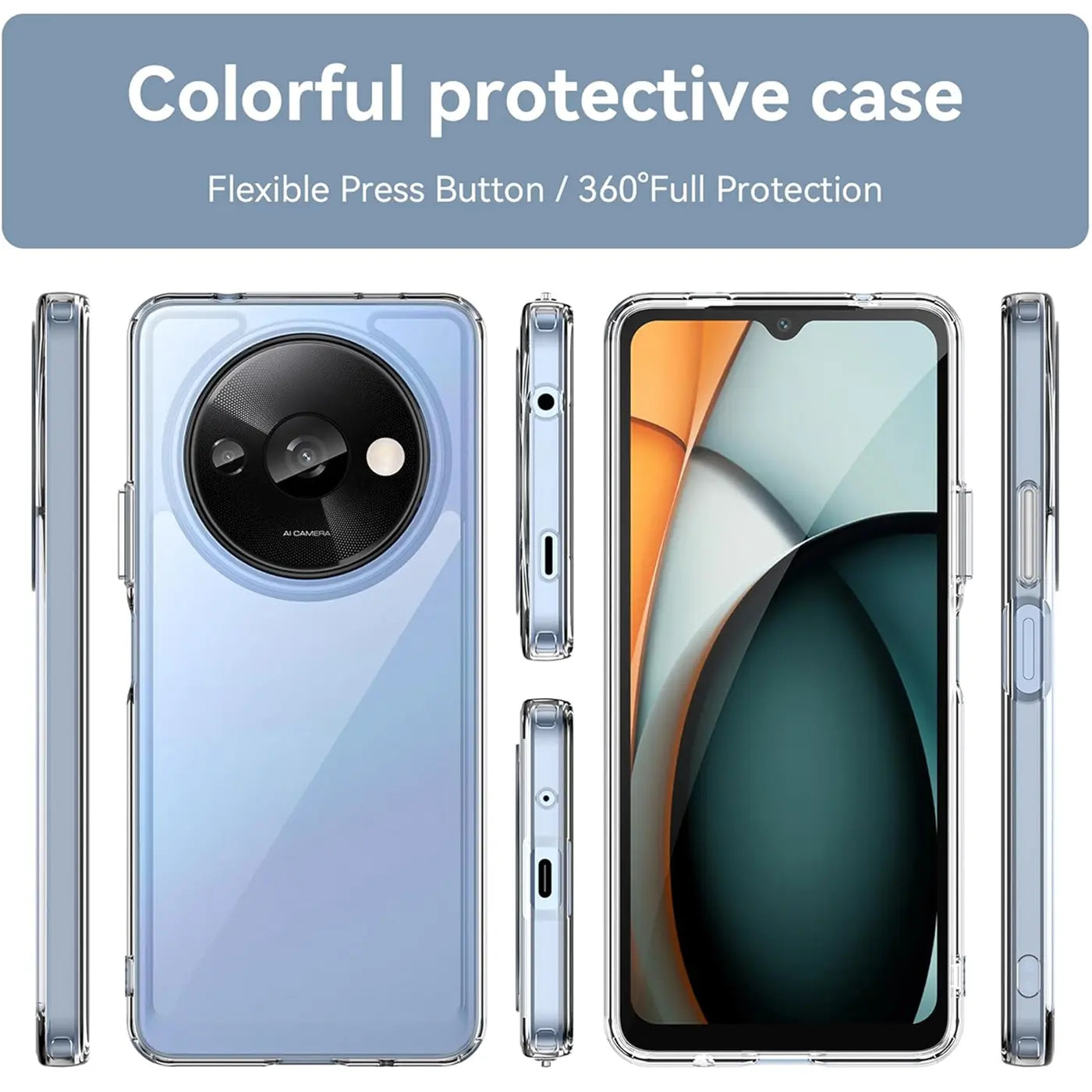 Klares, flexibles Schutzcase für Xiaomi Redmi A3, verschiedene Ansichten.