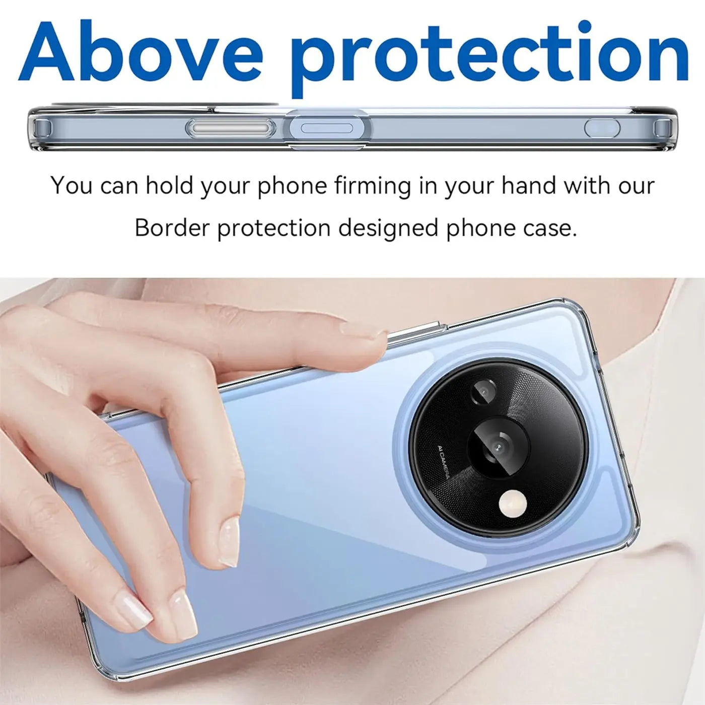 Klar, durchsichtiges Handy-Case aus Kunststoff, von hinten gezeigt, hält ein Xiaomi Redmi A3.