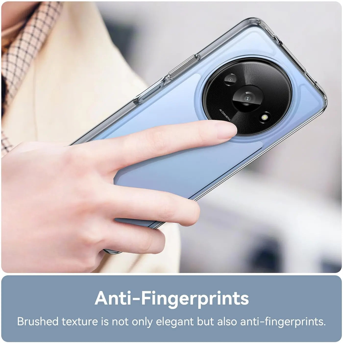Transparente Hülle aus Kunststoff, von schräg oben, zeigt ein blaues Smartphone mit runder Kamera.